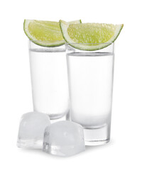 Shot glasses of vodka with lime slices and ice on white background