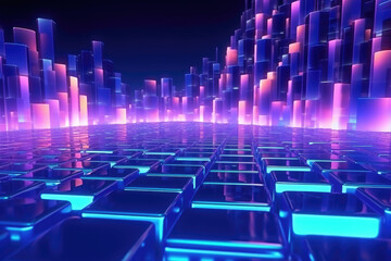 Obraz premium Night neon city in blue gradient color spectrum futuristic background on square with grid pattern
