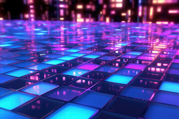 Obraz premium Night neon city in blue gradient color spectrum futuristic background on square with grid pattern