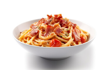 A bowl of pasta with bacon and tomatoes. Generative AI.