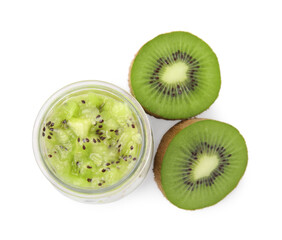 Naklejka na ściany i meble Delicious dessert with kiwi and fresh cut fruits on white background, top view