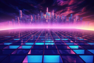 Night neon city in blue gradient color spectrum futuristic background on square with grid pattern