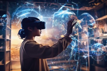 A person wearing a VR headset, interacting with a virtual world that's generated and rendered in real-time by an AI algorithm