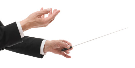 Professional conductor with baton on white background, closeup - obrazy, fototapety, plakaty