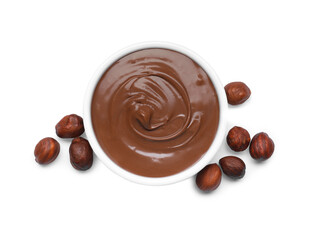 Bowl with tasty chocolate paste and nuts isolated on white, top view