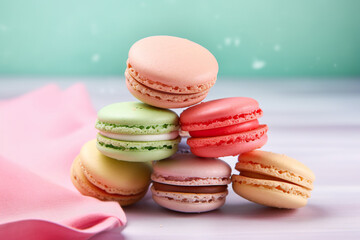 Fototapeta na wymiar A stack of macarons sitting on top of each other. Generative AI.