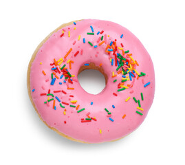 Tasty glazed donut decorated with sprinkles on white background, top view