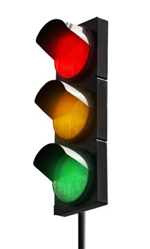 Traffic signal with three lights isolated on white