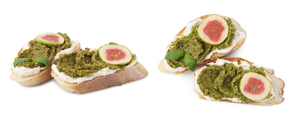Tasty bruschettas with cream cheese, pesto sauce and fig on white background, top and side views