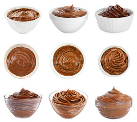 Bowls with boiled condensed milk on white background, collage design