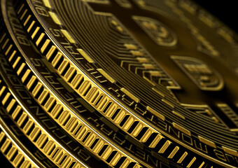 Stack of Gold Bitcoin Close Uo 3D Illustration Background