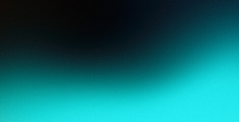 Turquoise blue green glowing color gradient on black grainy background, noise texture effect, large banner copy space