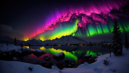 Fototapeta na wymiar Aurora borealis in the night sky over the mountain lake. generative ai