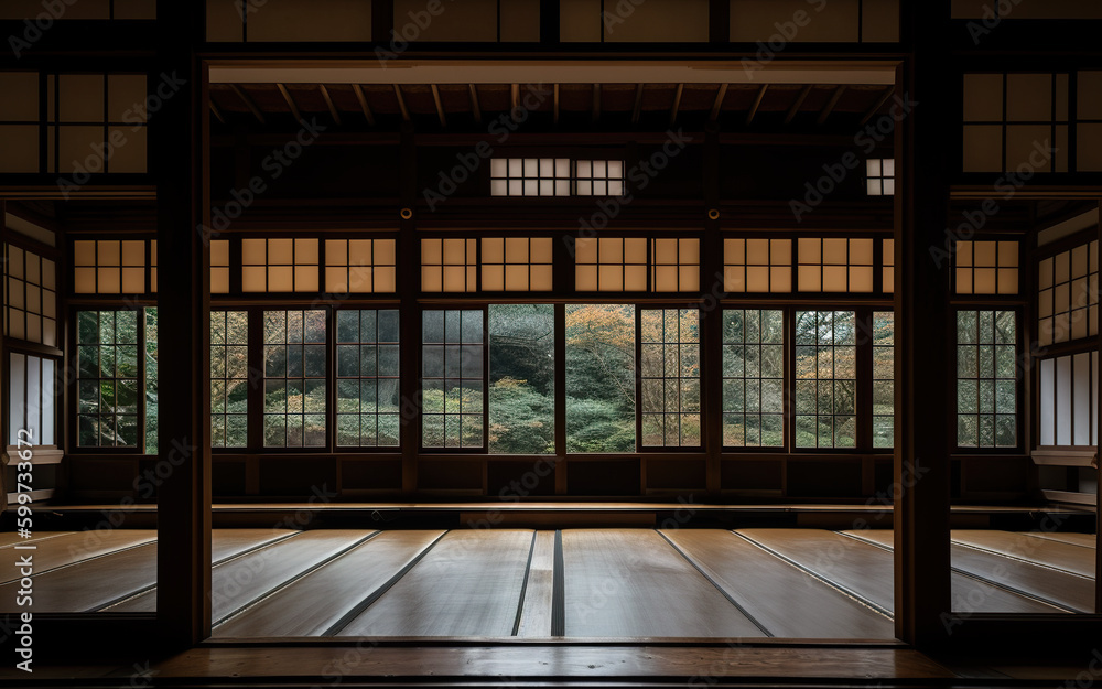 Poster engawa house, japanese style. empty room with wooden floors and windows. generative ai.an empty room