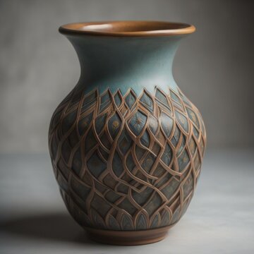 Clay vase with a pattern on a white background. Handmade. Generative Ai