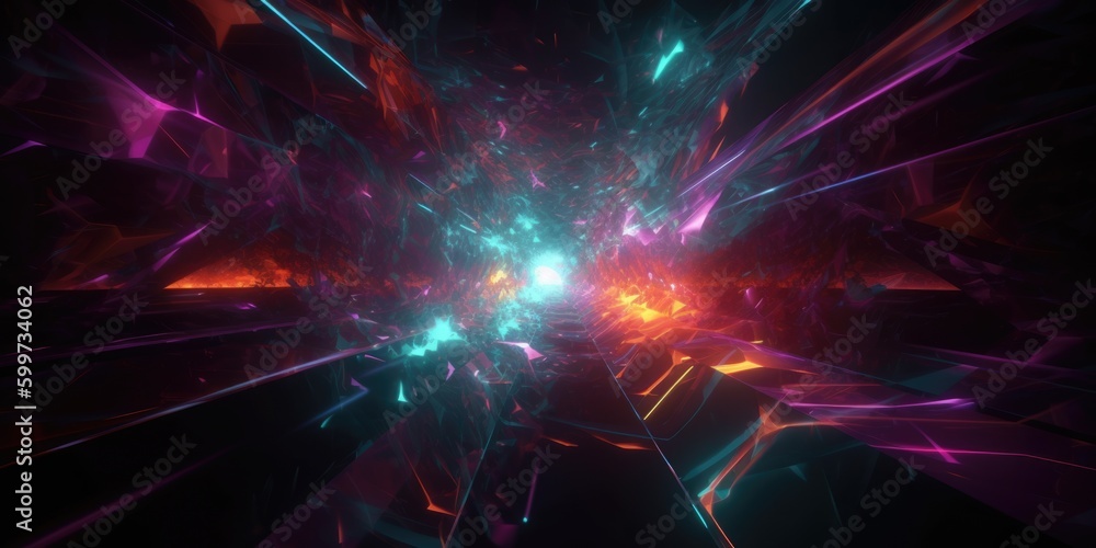 Poster cosmic background with colorful laser lights and broken fractal elements. generative ai aig21.