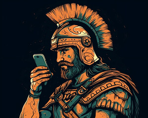 Ein antiker Kämpfer schaut auf sein Smartphone / Abstrakter Seitenansicht Portrait Illustration / ki-generiert 