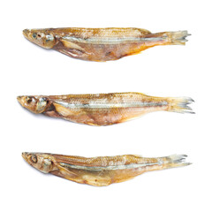 Dried smelt fish on a white