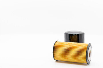 Different types of oil filters isolated on white background service for car, replacement, selective focus copy space