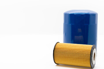 Different types of oil filters isolated on white background service for car, replacement, selective focus copy space