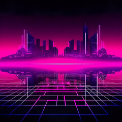 Symmetrical city skyline, purple and magenta neon on black background, 80s style, Generative AI image