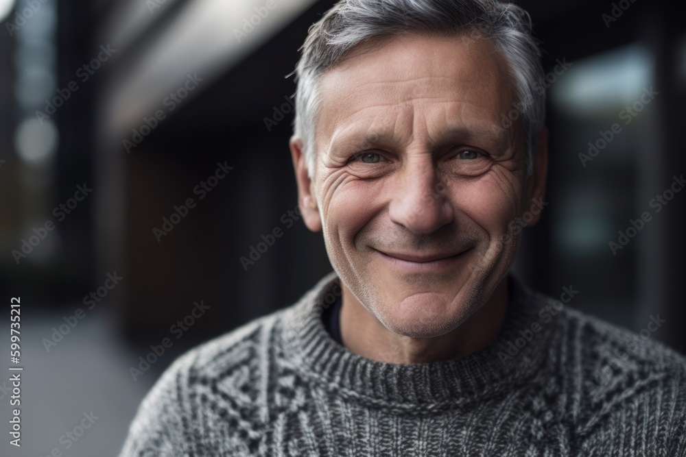 Canvas Prints Portrait of smiling mature man in grey sweater looking at camera outdoors