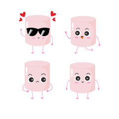Vector illustration of marshmallow character with various cute expression, cool, funny, set of marshmallow isolated on white background, simple minimal style, cute for mascot collection or  emoticon