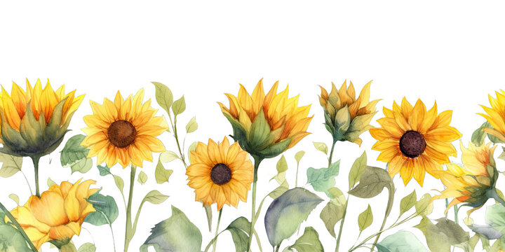 Sunflower Watercolor Style Footer Border Seamless Tile Isolated on Transparent Background - Generative AI

