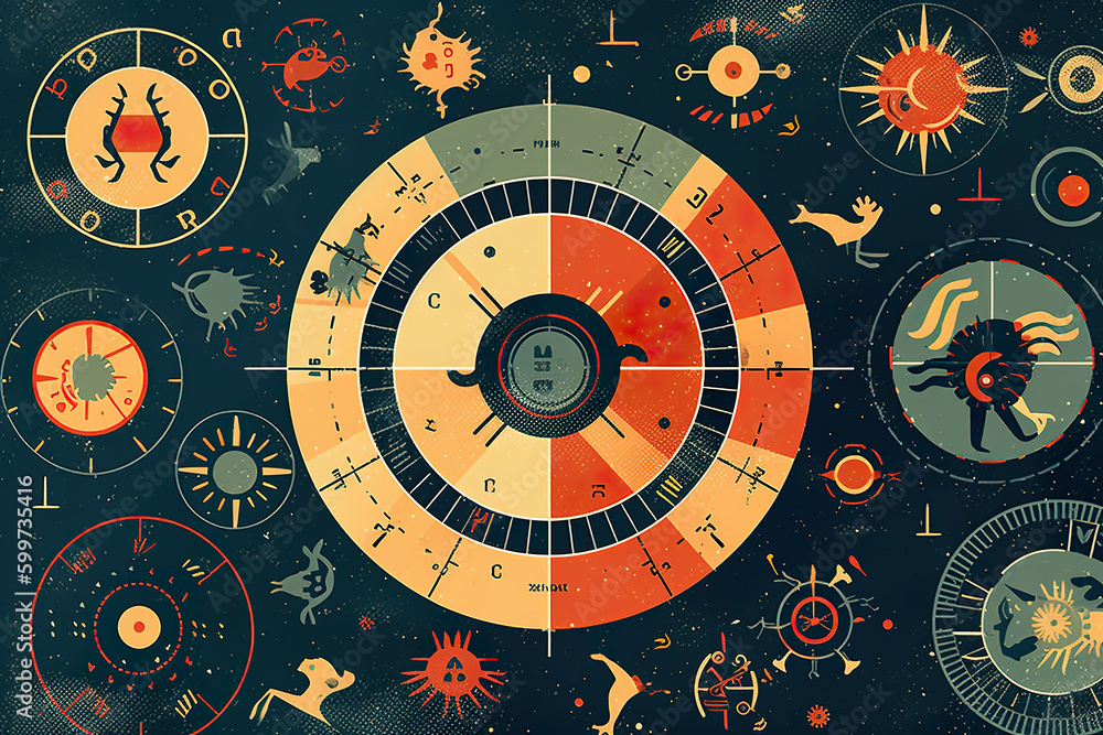 Poster a circular clock with zodiac signs on it. generative ai.