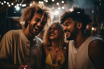 A candid photo of a group of friends laughing and joking together at a lively party - obrazy, fototapety, plakaty