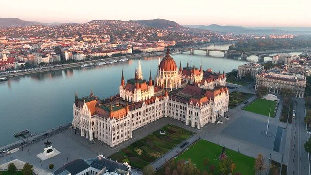 Aerial view of Budapest Parliament Building. Hungary Capital Cityscape at sunrise. Travel, tourism and European Political Landmark Destination