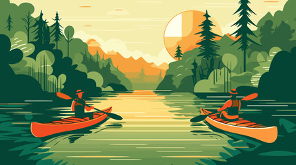 people kayaking on a river with lush greenery - obrazy, fototapety, plakaty