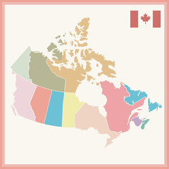 Canada map, territories, states and flag. Division of canadian states, without letters or tittles. Vector.