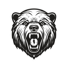 angry grizzly bear, vintage logo line art concept black and white color, hand drawn illustration
