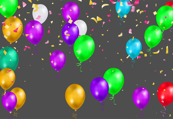 Colorful birthday balloons, pennants, tinsel and confetti on sky background with space for text. eps.10