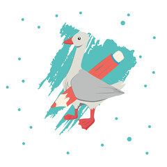 Grey Goose Student Character with pencil. Back to School. Children illustration. Winter holidays. Vector illustration.