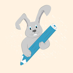 Cute rabbit student character.  Back to School. Children illustration. Winter holidays. A rabbit standing with a large pencil. Happy rabbit holding pencil.Vector illustration.