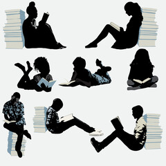 diverse set of readers in silhouette and stacks of books with bits of muted color for details 