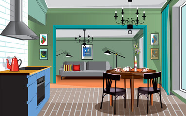 beautiful modern style interior of the living room with a kitchen zone with a round table, cups and a red kettle, and grey sofa in the living zone.