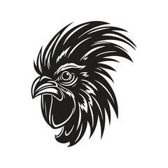 angry rooster, vintage logo line art concept black and white color, hand drawn illustration