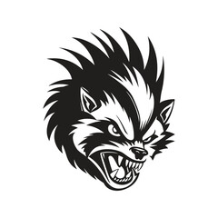 angry skunk, vintage logo line art concept black and white color, hand drawn illustration