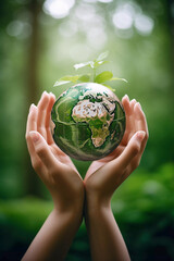 World Environment Day hands holding a green globe with a leaf shoot growing from itl ecology and environment conservation concept generative AI illustration