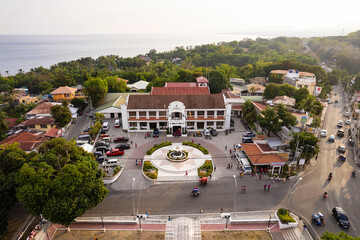 Miagao, Iloilo, Philippines - April 2023: Aerial of the town hall and plaza square.