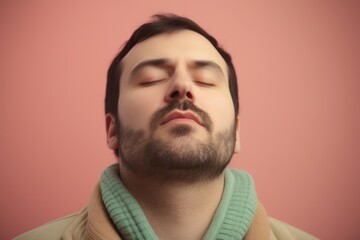 Obraz premium Portrait of a handsome young man with closed eyes on pink background