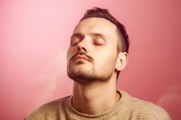 Obraz premium Young man with beard and mustache smoking electronic cigarette on pink background.