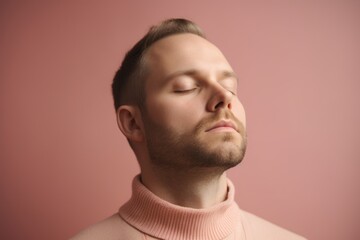 Naklejka premium Medium shot portrait photography of a man in his 30s practicing mindfulness, sophrology, relaxation & stress-reduction wearing a cozy sweater on pastel background. Generative AI