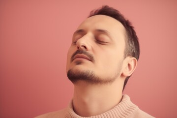Fototapeta premium Portrait of a young man with closed eyes on a pink background