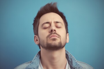 Obraz premium Portrait of a young man with closed eyes on a blue background