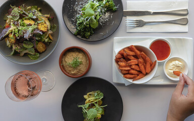 baba ghanoush, Brussels sprouts, sweet potato, and falafel salad