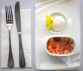 Creme Brulee with vanilla ice cream